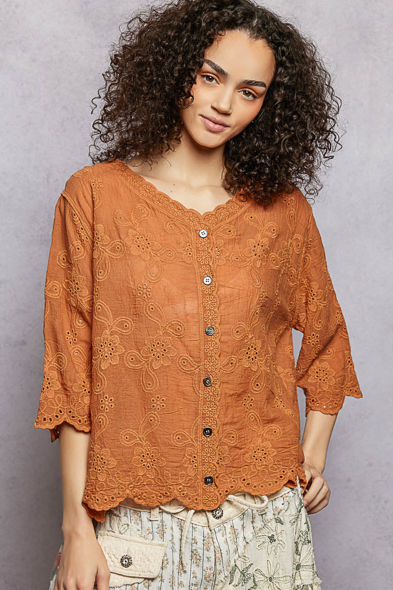 Pol Floral Eyelet V Neck Salloped Shirt 1