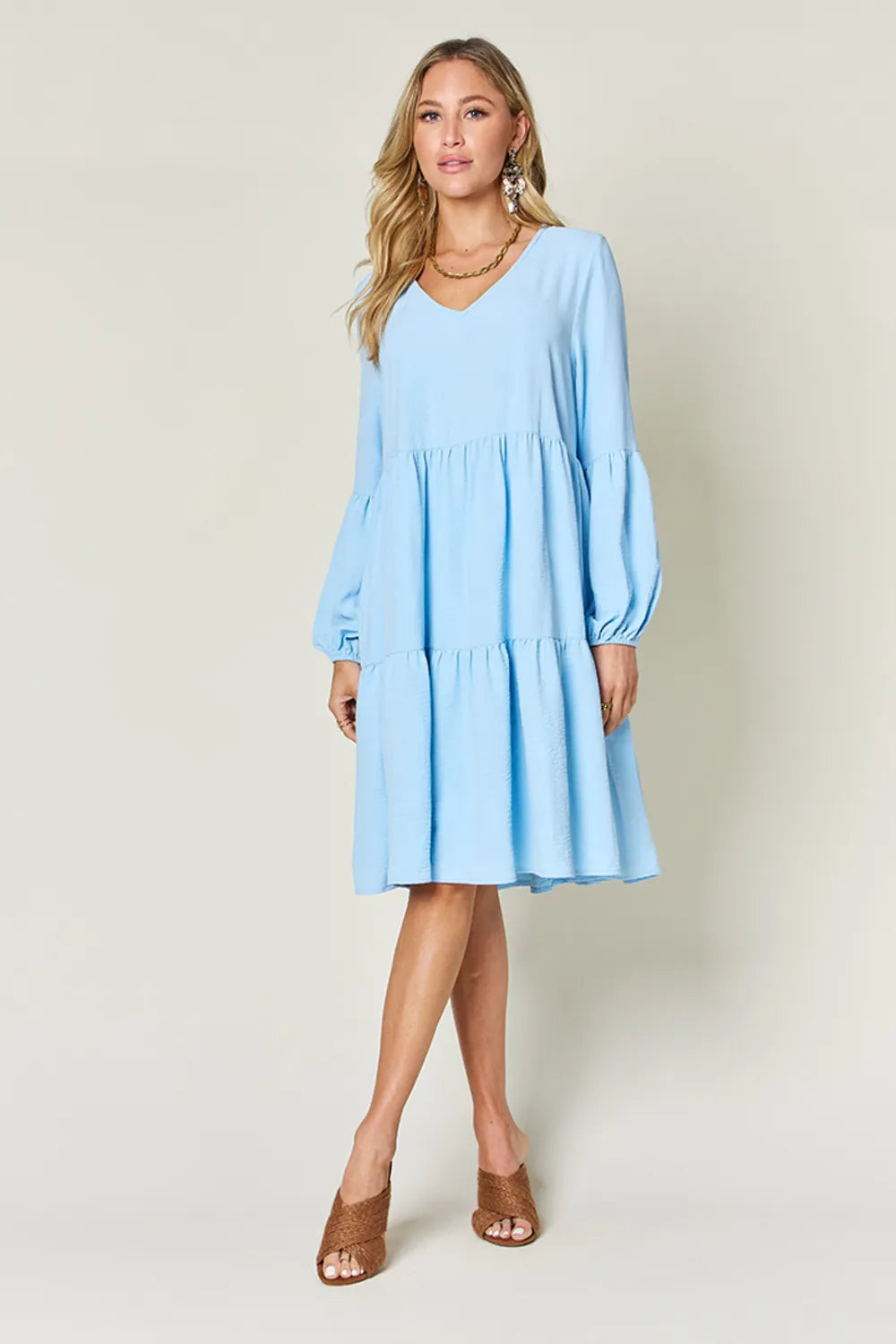 Light Blue Double Take Full Size V Neck Balloon Sleeve Tiered Dress With Pockets