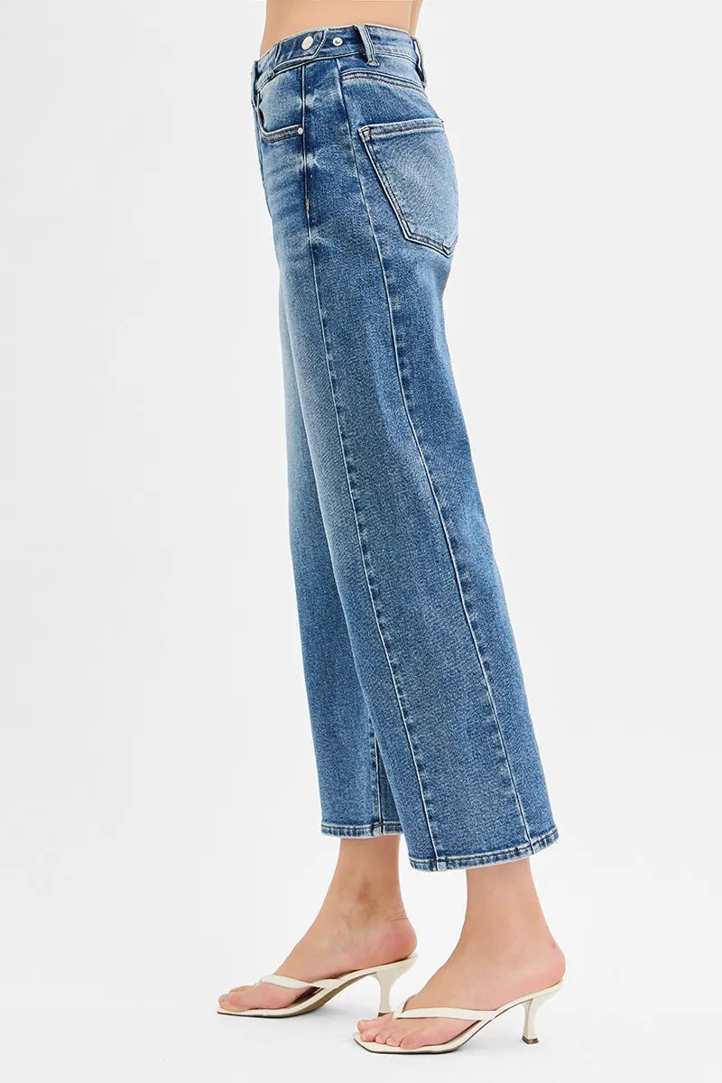 Dark Risen High Rise Crop Length Barrel Adjustable Waist Band Jeans
