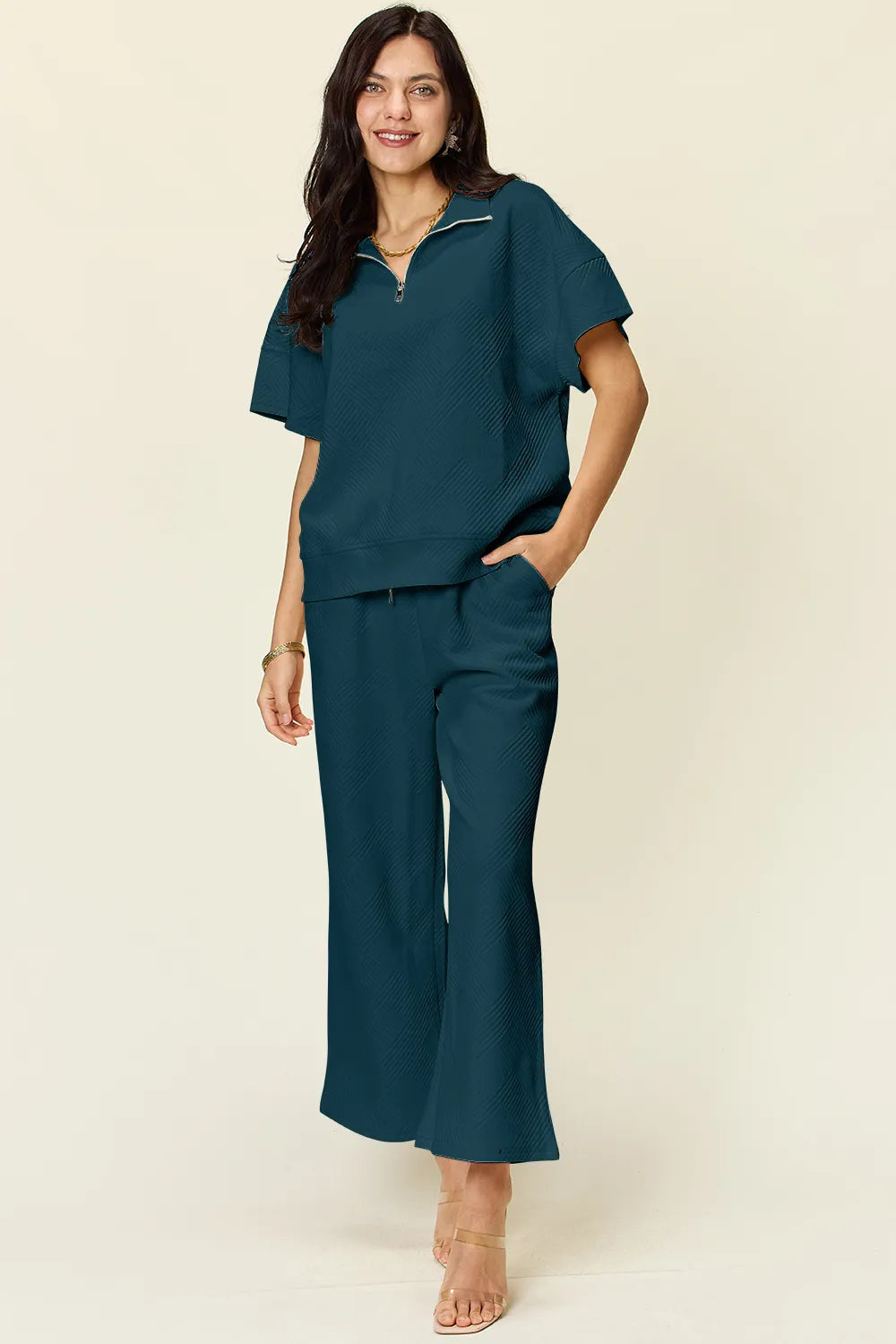 Light Blue Double Take Full Size Texture Half Zip Short Sleeve Top And Pants Set 1