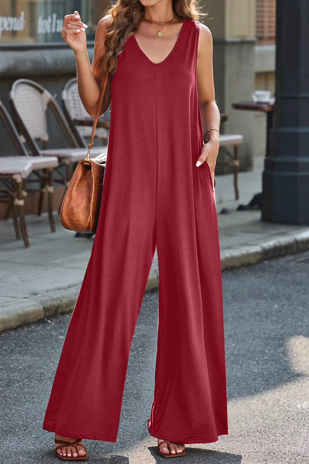 Burgundy Full Size V Neck Wide Strap Jumpsuit