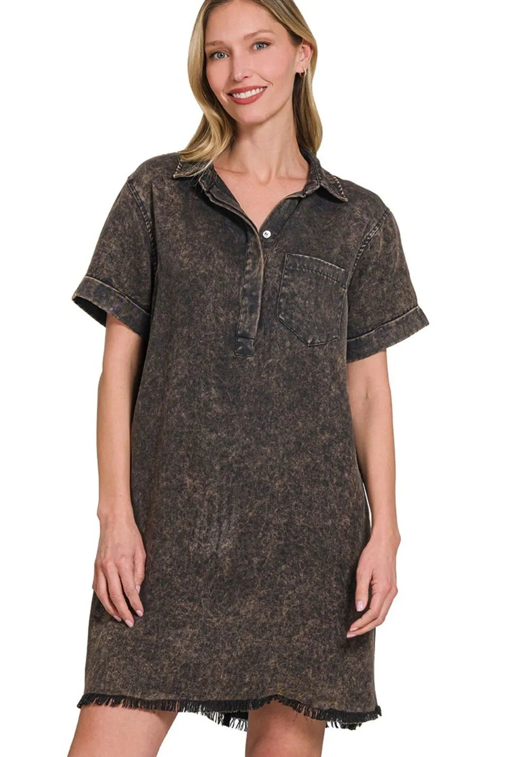 Ash Black Zenana Tencel Mineral Washed Collared Shirts Dress