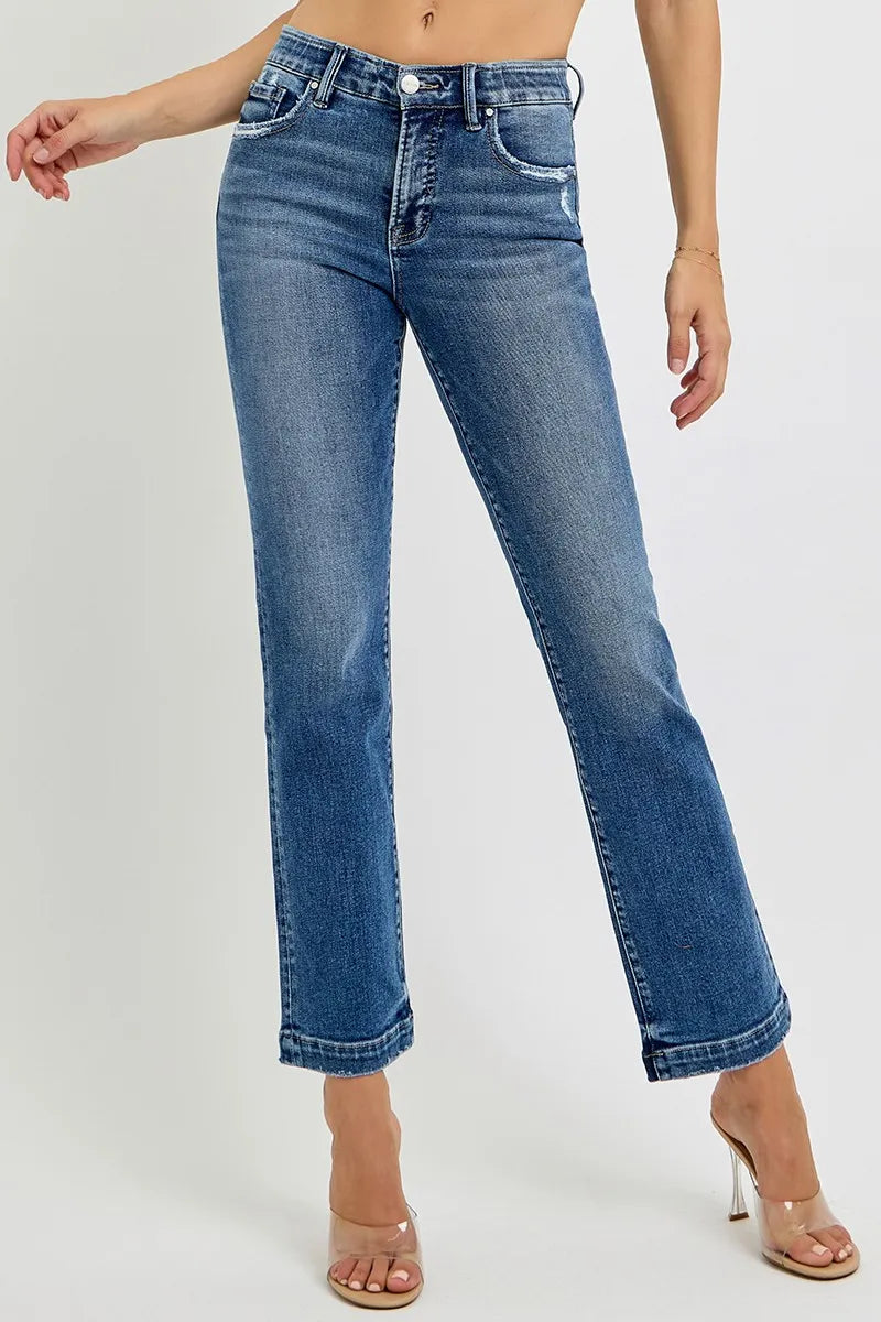 Dark Risen Full Size Tummy Control Elastic Band Mid Rise Straight Jeans Plus Size