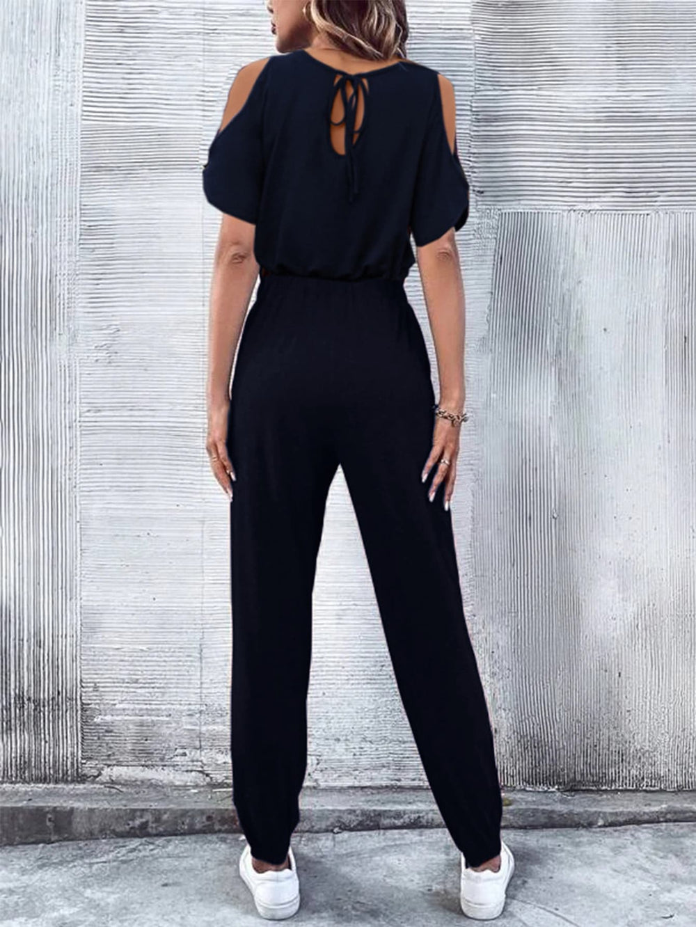 Dark Blue V Neck Cold Shoulder Jumpsuit With Pockets