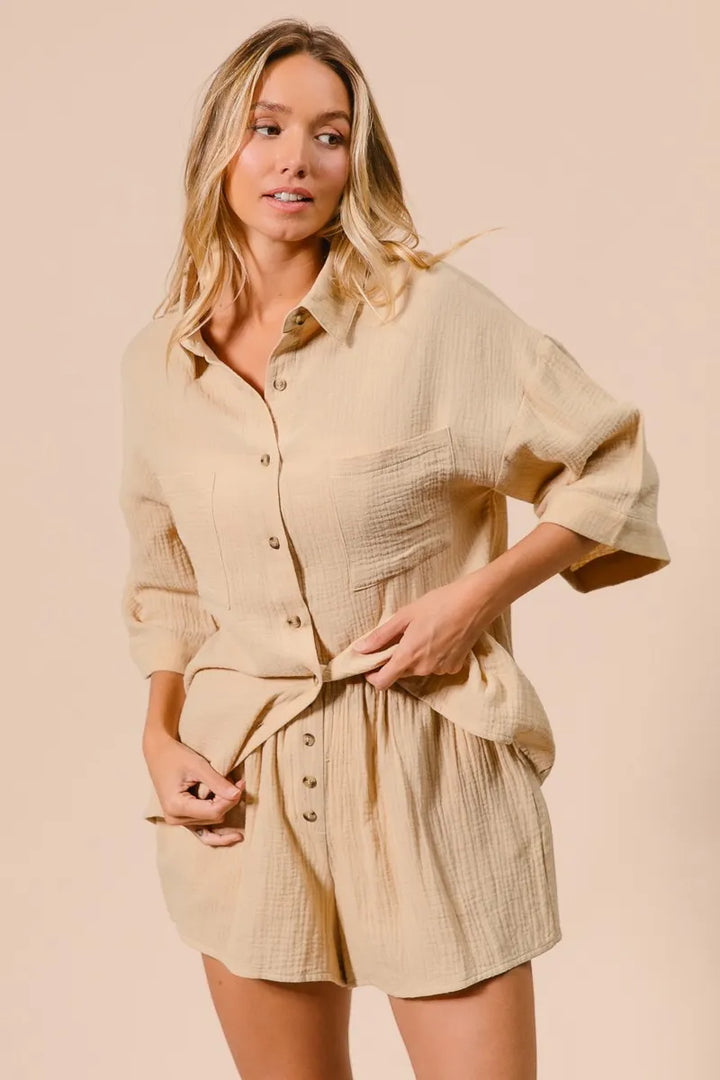 Oatmeal Bibi Crinkle Gauze Shirt And Short Set 2