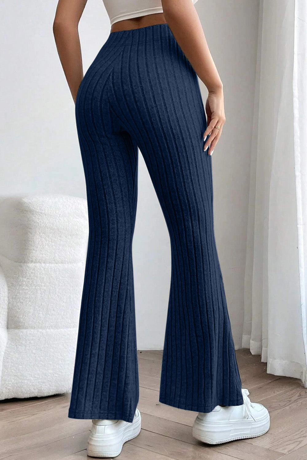 Deep Teal Basic Bae Full Size Ribbed High Waist Flare Pants
