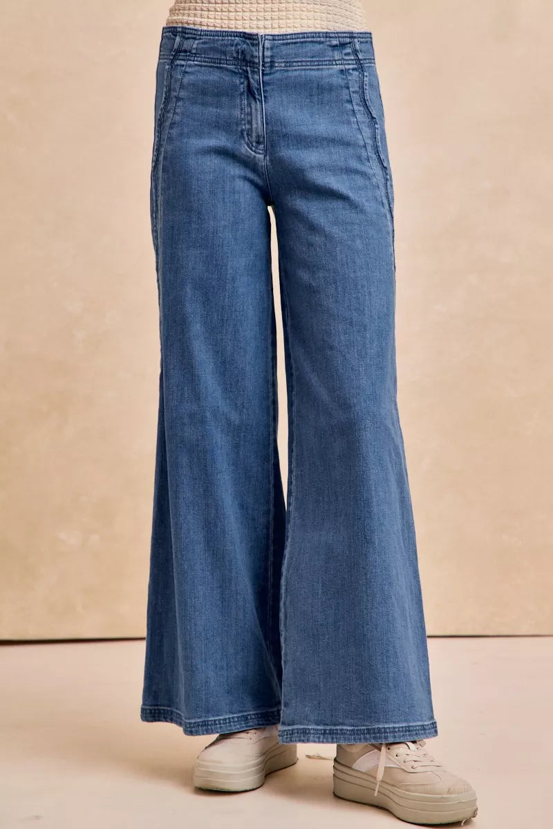 Denim Bibi Wavy Side Edge Detail Lined Wide Leg Jeans