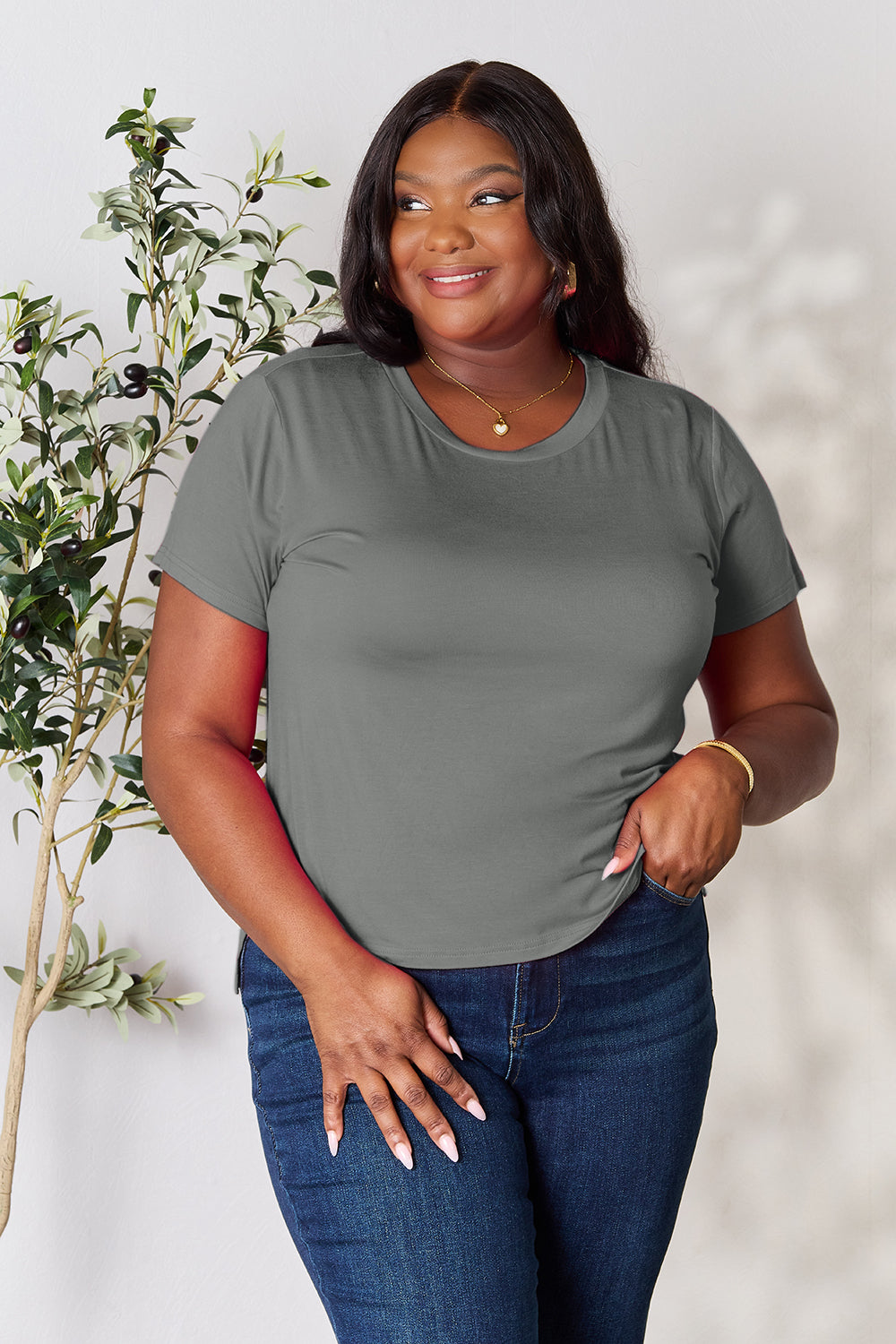Dark Blue Basic Bae Full Size Round Neck Short Sleeve T Shirt 2