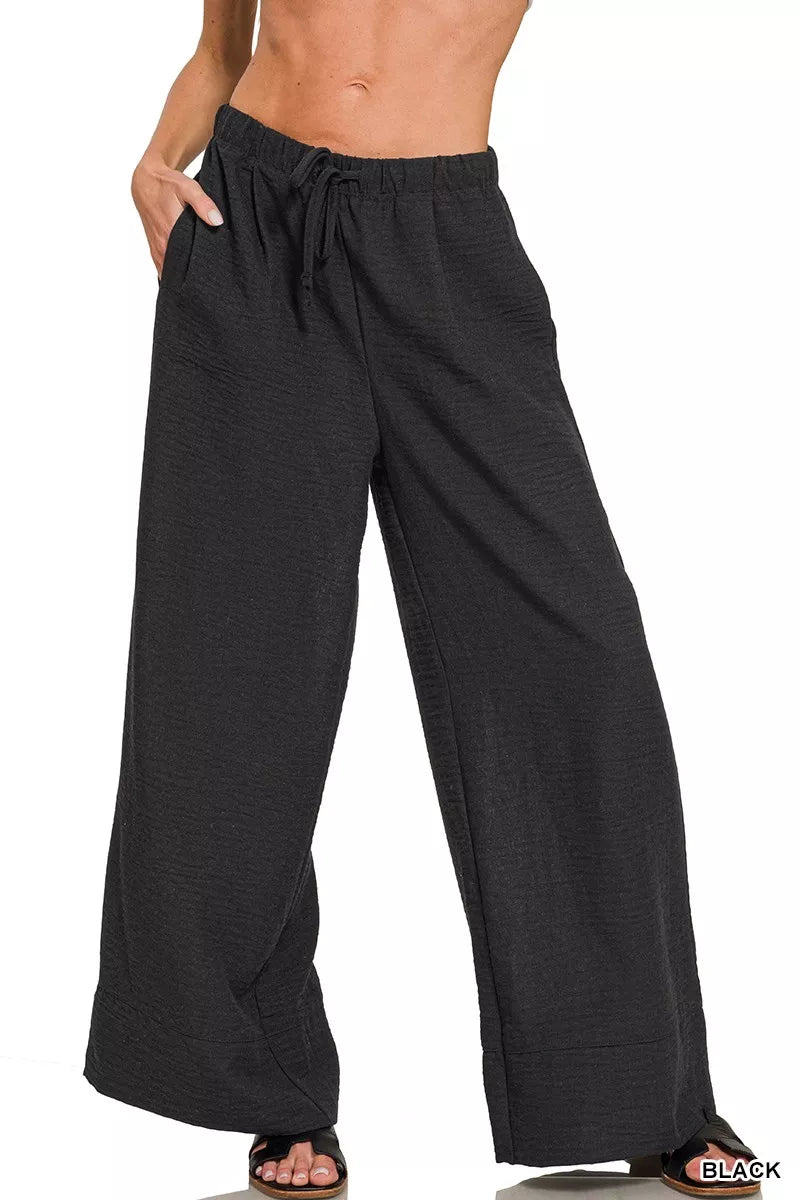 Black Zenana Woven Airflow Drawstring Pants 2