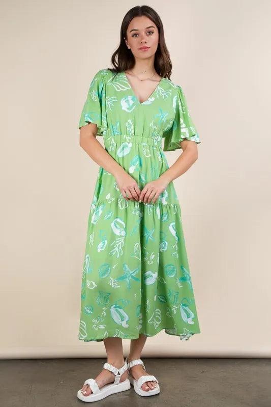 Sage Very J Printed V Neck Resort Midi Dress