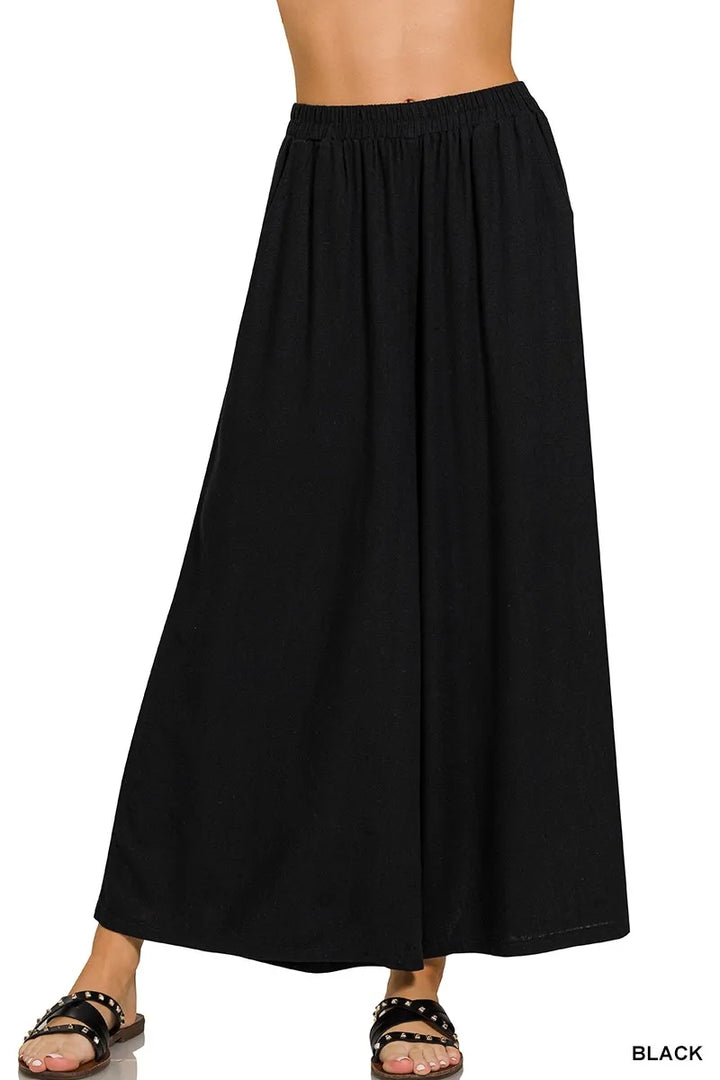 Black Zenana Woven Pleated Linen Blend Wide Leg Pants