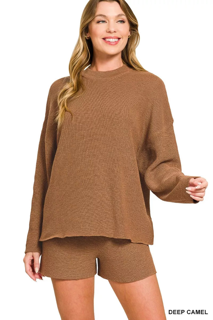 Deep Camel Zenana Round Neck Knit Top And Shorts Sweater Set 4