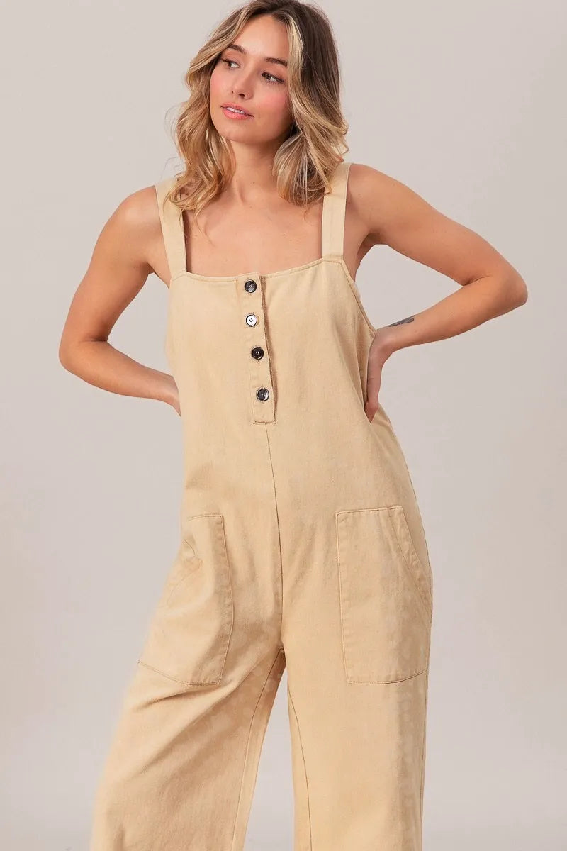 Oatmeal Bibi Washed Denim Buttoned Overall Jumpsuit