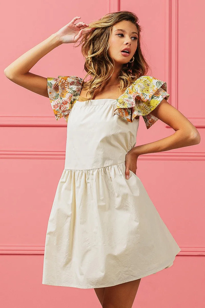 Oatmeal Bibi Flower Embroidered Floral Print Sleeve Dress
