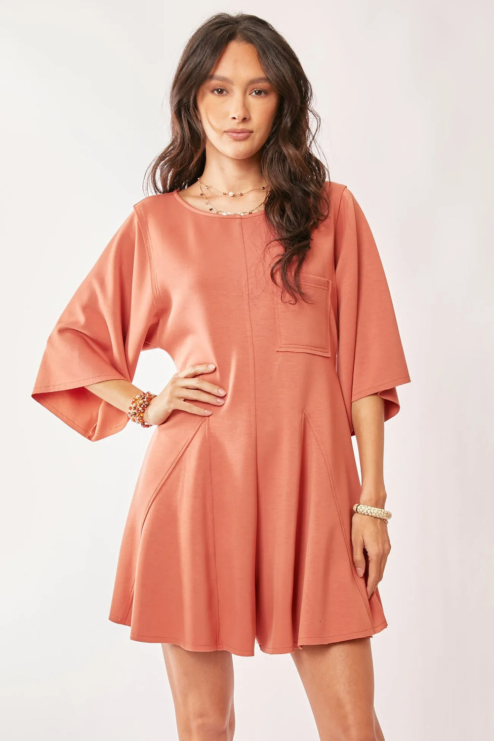 Salmon Davi Dani Solid Draped Sleeve Ties Back Skort Romper 2