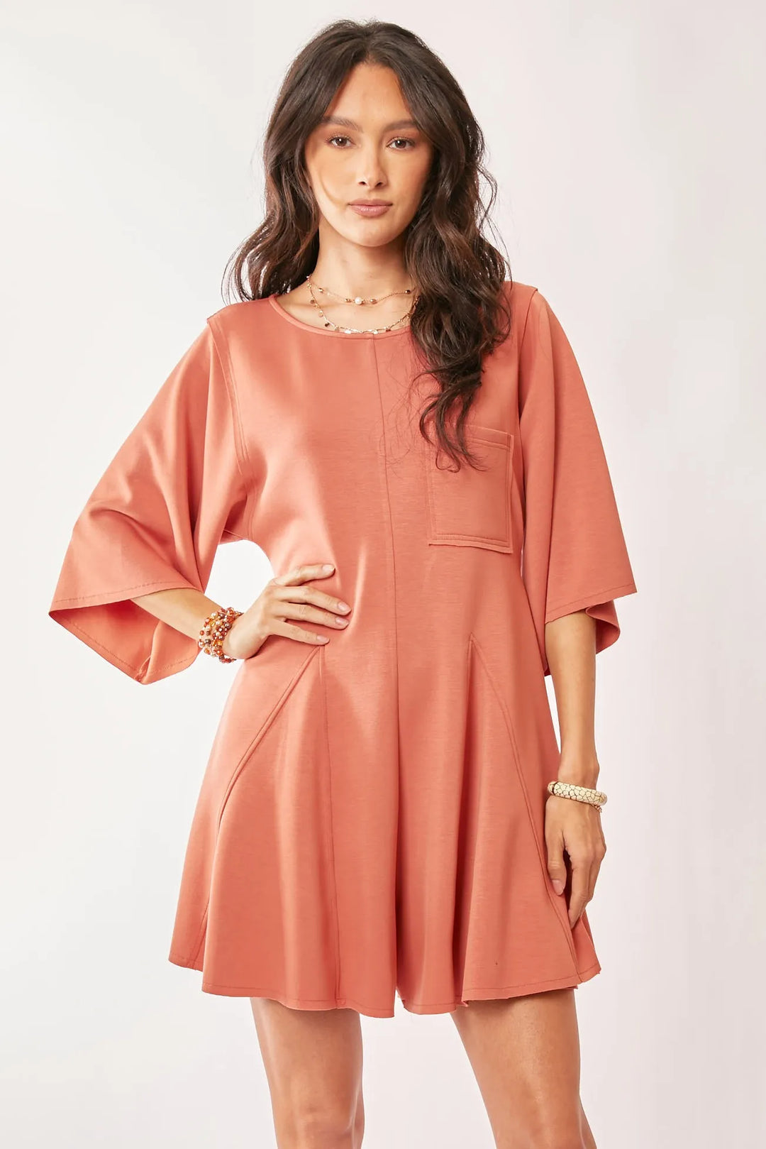Salmon Davi Dani Solid Draped Sleeve Ties Back Skort Romper 2
