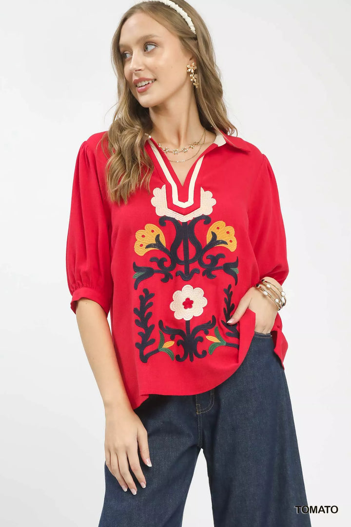 Tomato Umgee Mixed Media V Neck Print Blouse