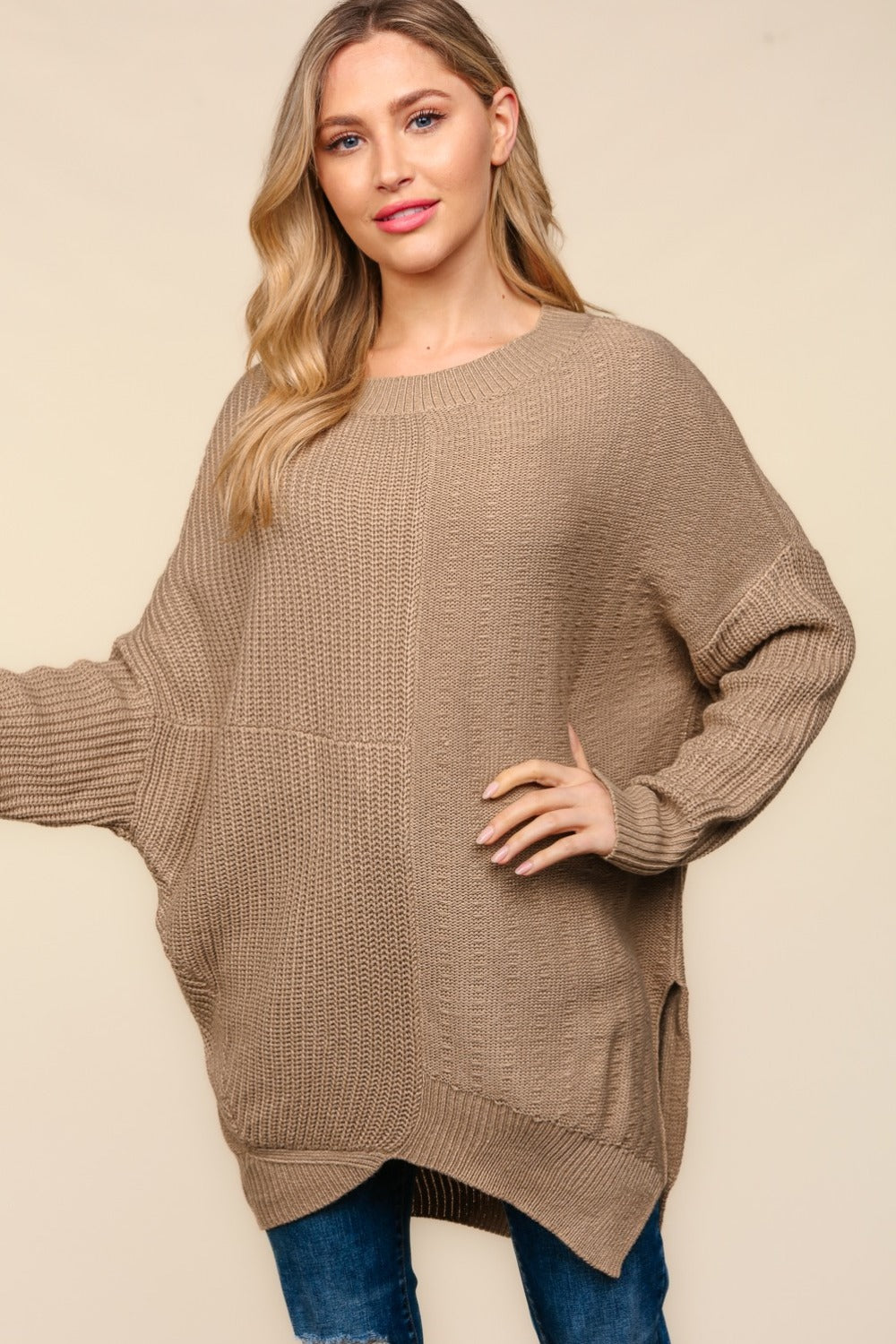 Taupe Haptics Full Size Side Slit Texture Asymmetric Sweater