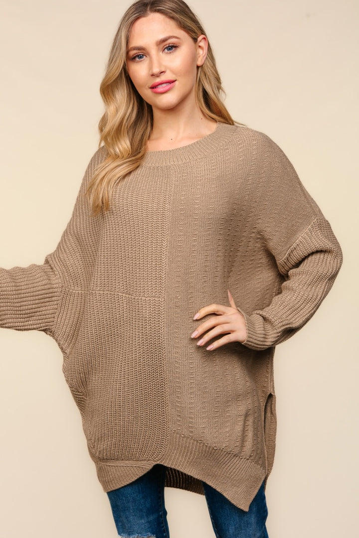 Taupe Haptics Full Size Side Slit Texture Asymmetric Sweater