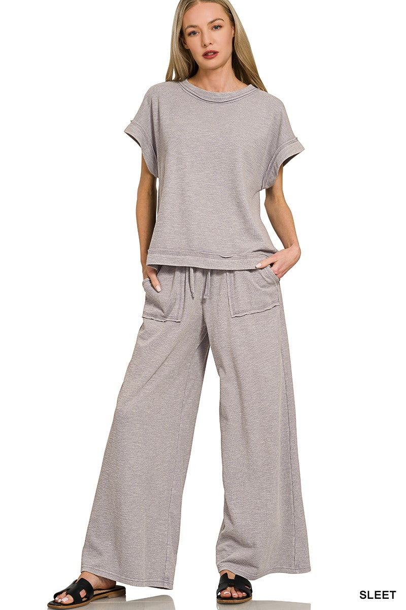 Sleet Zenana Washed Slub Short Sleeve Tee Long Pants Set 3
