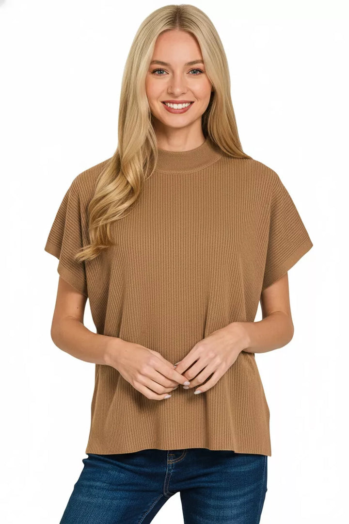 Deep Camel Zenana Viscose Mock Neck Short Sleeve Boxy Sweater 1