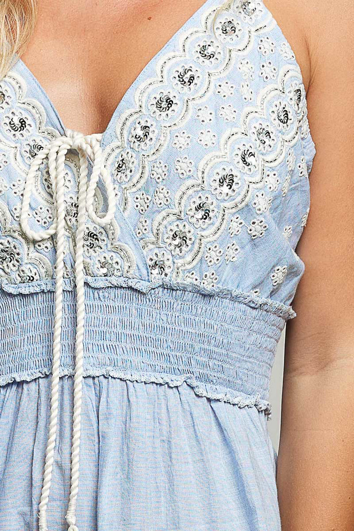 Pol Eyelet Embroidered Smocked Waist Mini Dress
