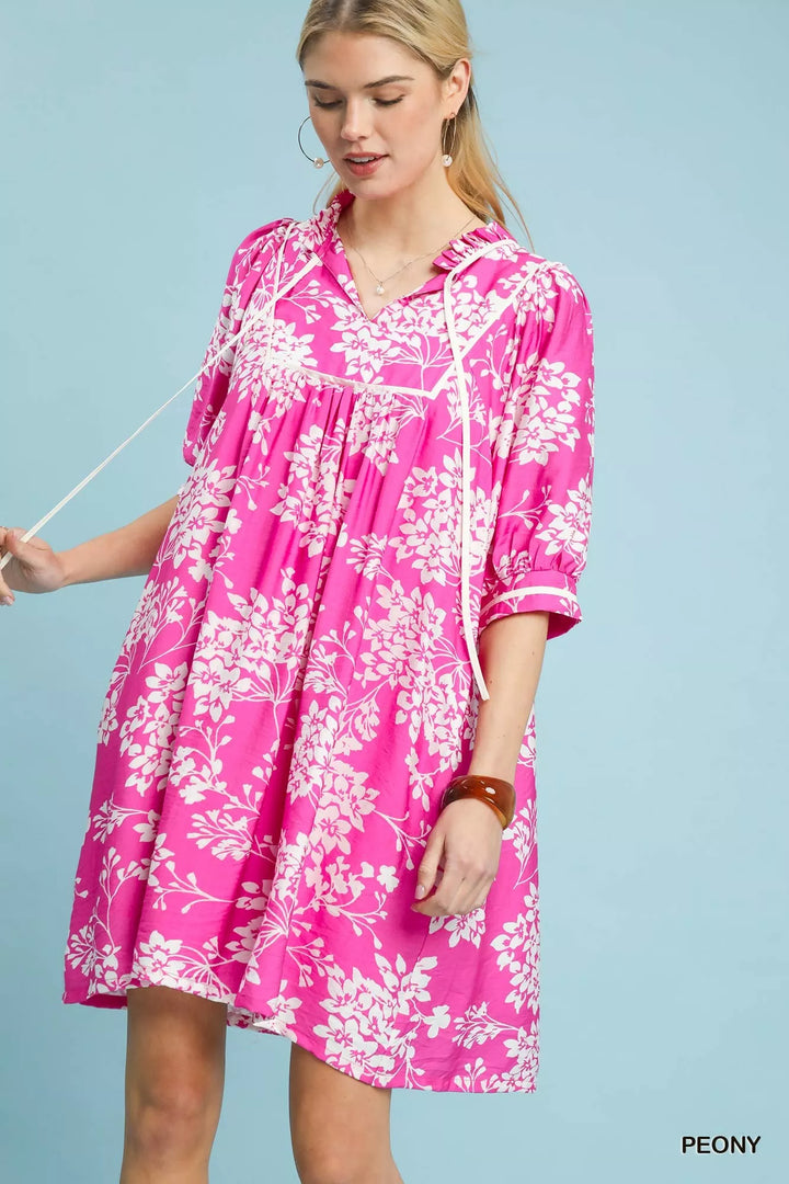 Peony Umgee Floral Babydoll Dress With Pockets
