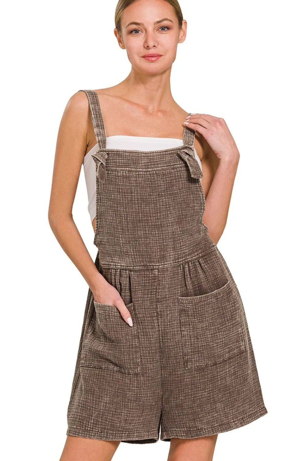 Brown Zenana Woven Double Gauze Acid Washed Romper