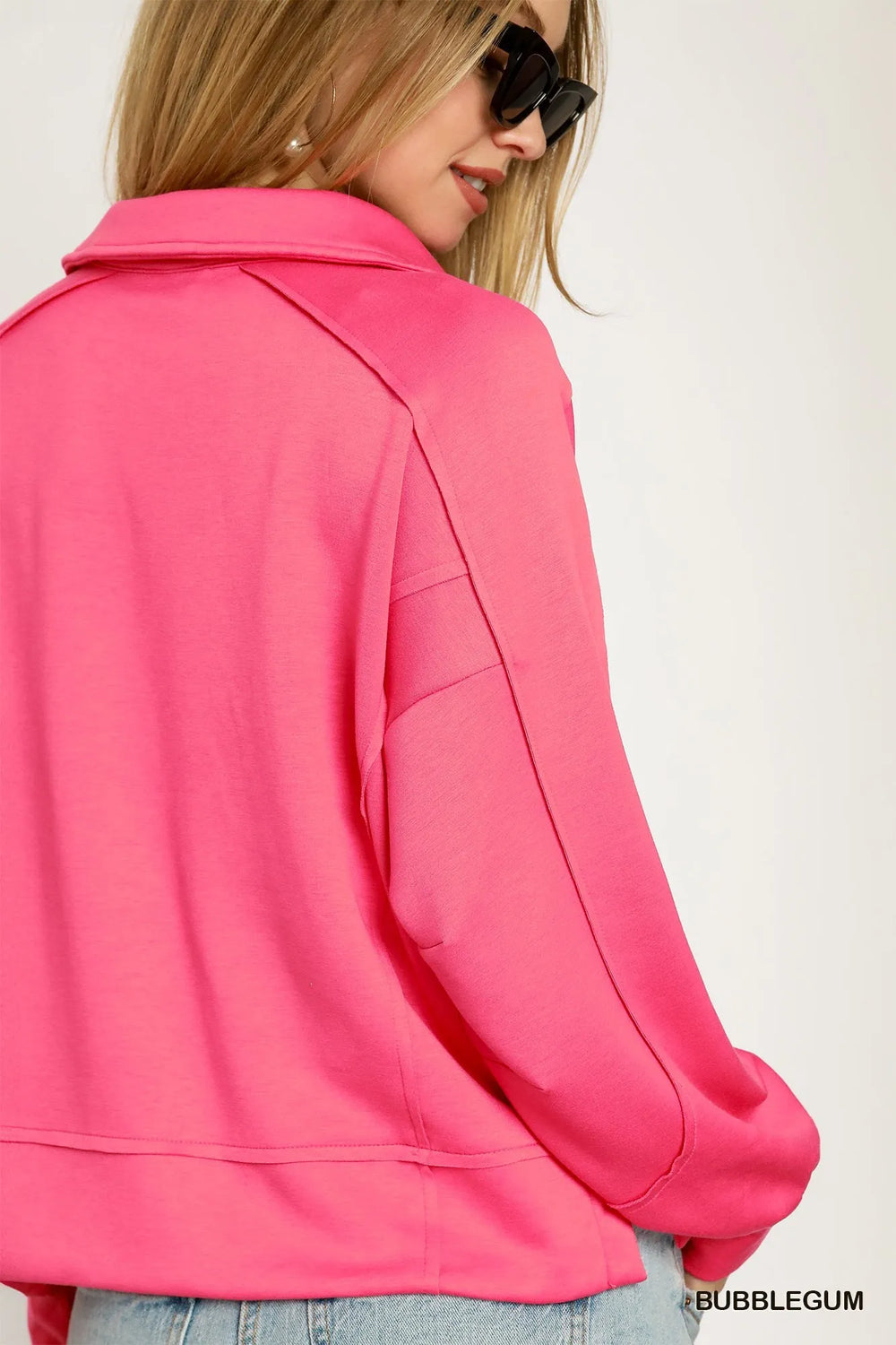 Bubblegum Umgee Exposed Seam Long Sleeve Polo Top With Side Slit 1