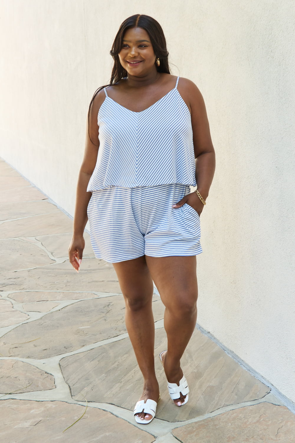 Stripe Culture Code Let It Happen Full Size Double Flare Striped Romper In Cobalt Blue