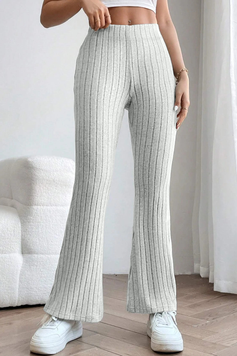 Light Gray Basic Bae Full Size Ribbed High Waist Flare Pants