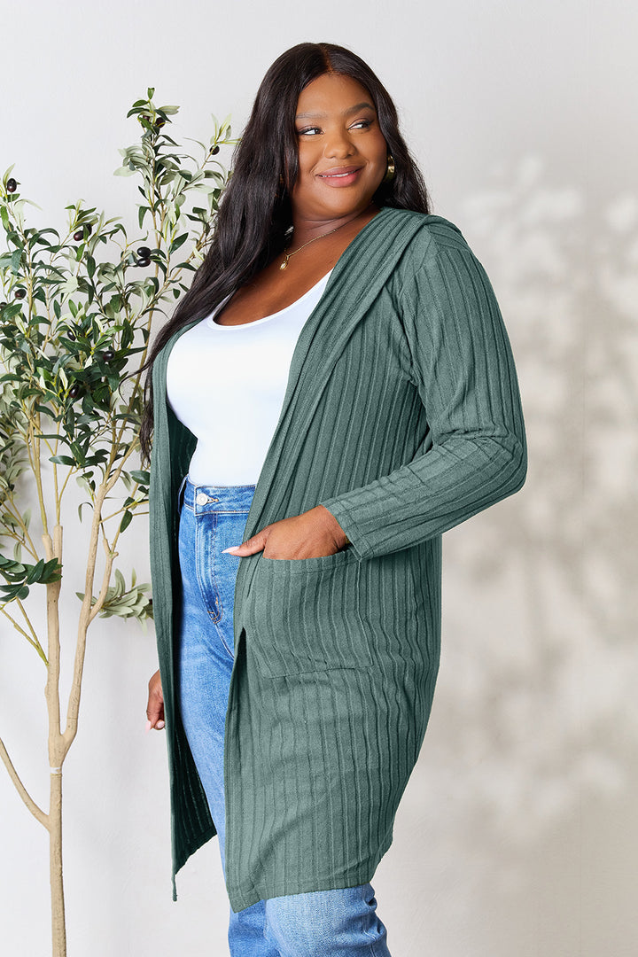 Dark Green Basic Bae Full Size Hooded Sweater Cardigan