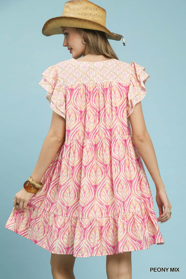 Peony Mix Umgee Mix Printed Flutter Sleeve Dress
