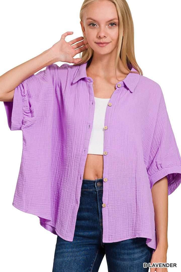 B Lavender Zenana Double Gauze 3 4 Sleeve Button Up Shirt