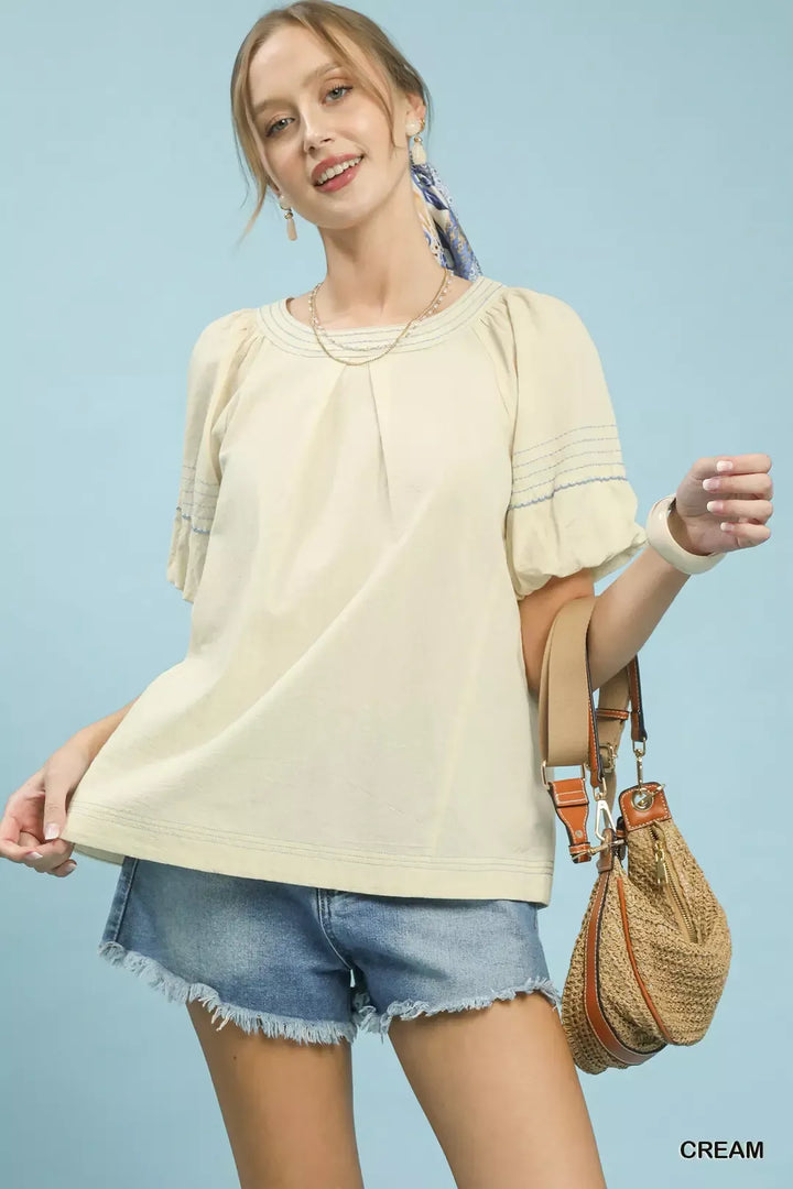 Cream Umgee Round Neck Puff Sleeve Top With Contrast Stitch Detail