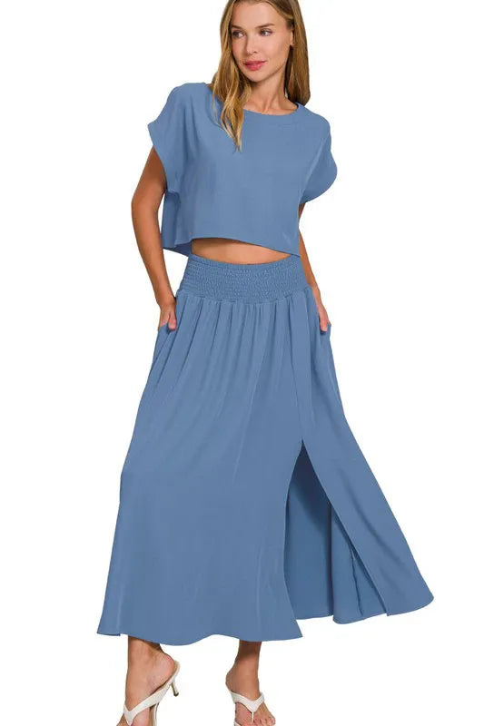 Dusty Blue Zenana Heavy Woven Span Crop Tee Skirt Set 2