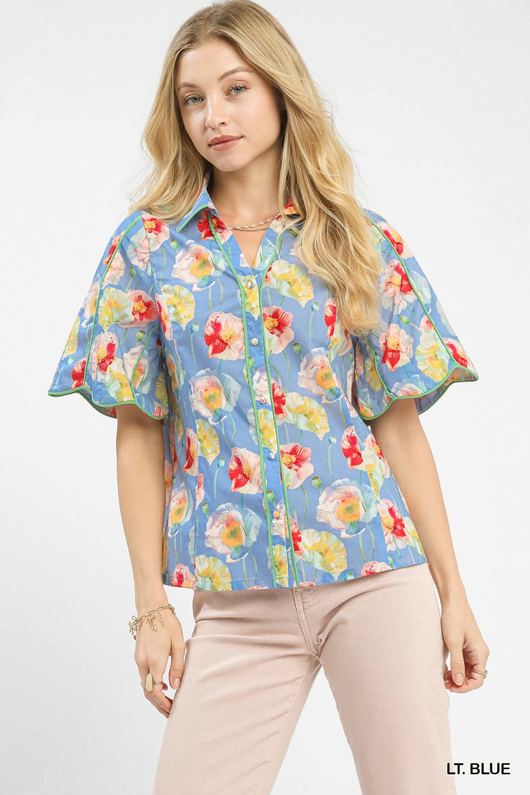 Lt. Blue Umgee Floral Print Button Down Blouse With Flutter Sleeves