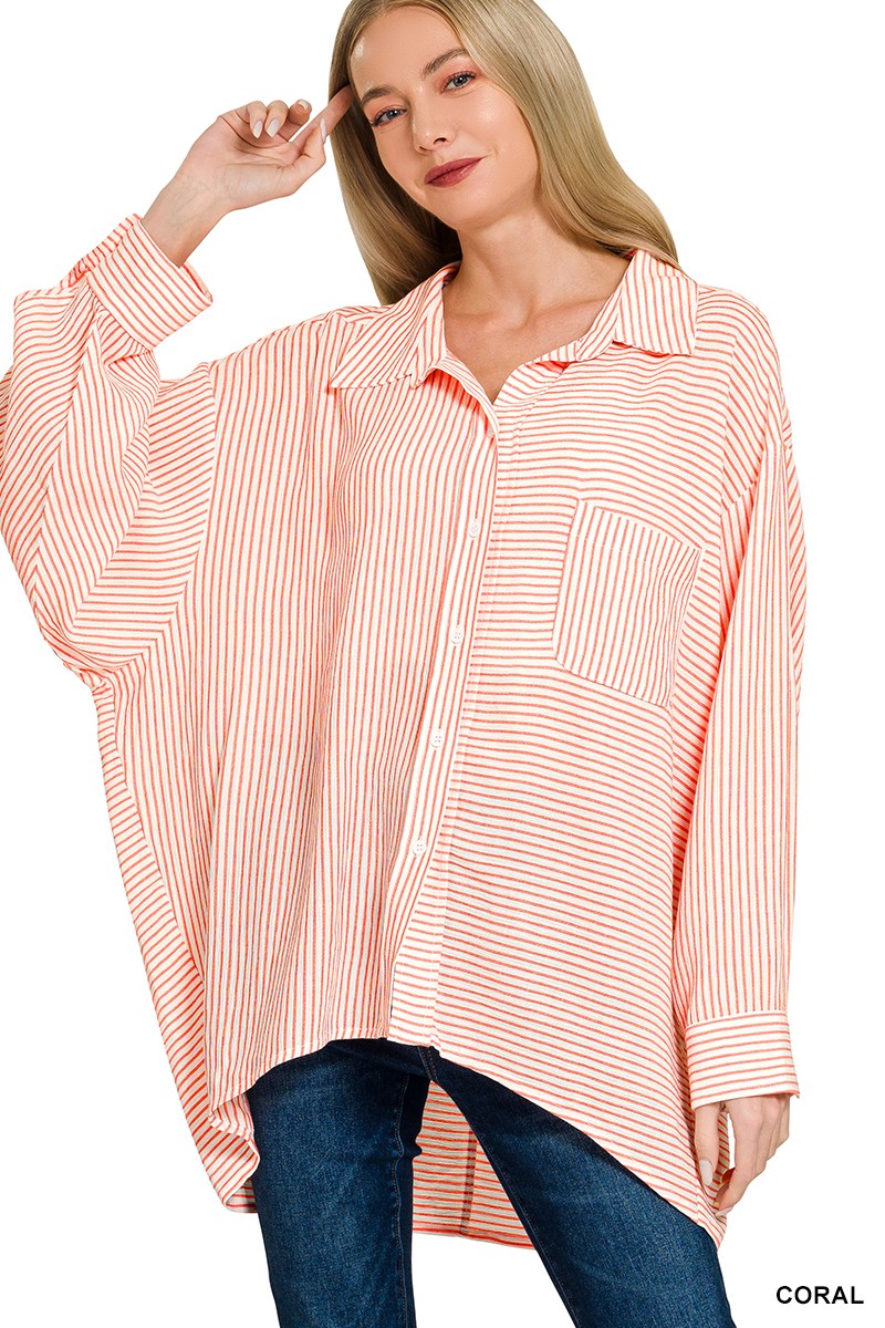 Coral Zenana Woven Stripe Button Down Shirt 3