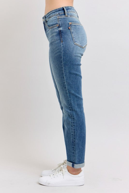 Dark Judy Blue Full Size Mid Rise Skinny Cuff Jeans With Pockets Plus Size