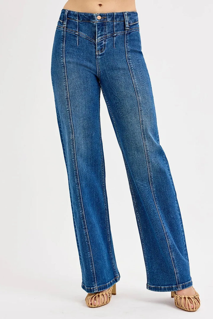 Dark Risen Seam Detail Wide Leg Jeans