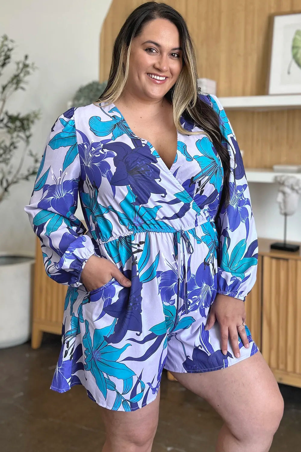 Green Double Take Full Size Floral Long Sleeve Romper With Pockets