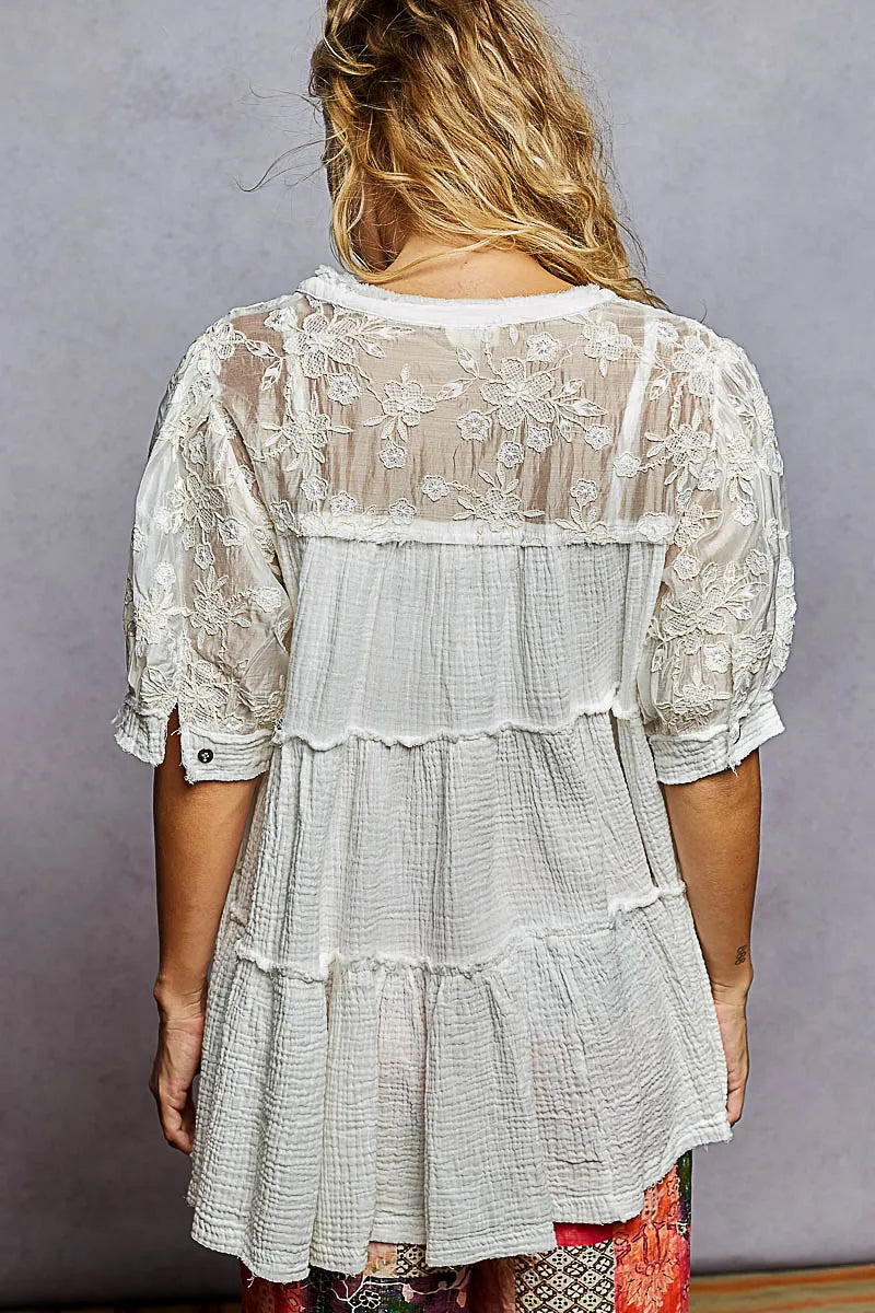 Offwhite Pol Lace Detail Tiered Round Neck Half Sleeve Blouse