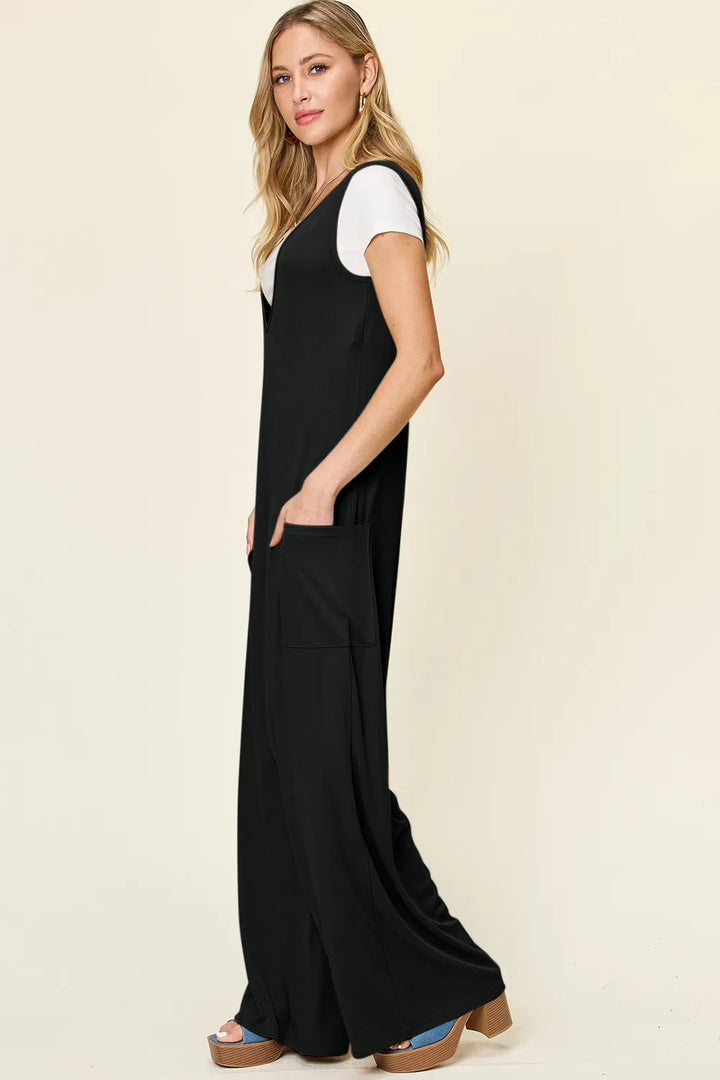 Black Double Take Full Size Sleeveless Wide Leg Jumpsuit With Pockets