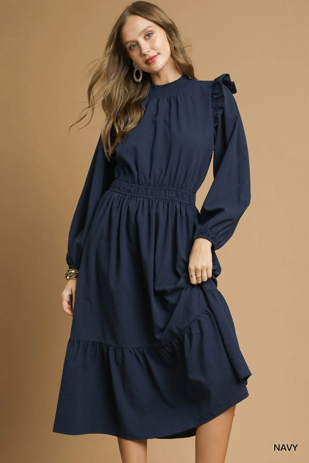Navy Umgee Textured Midi Dress With Ruffle Shoulder Detail