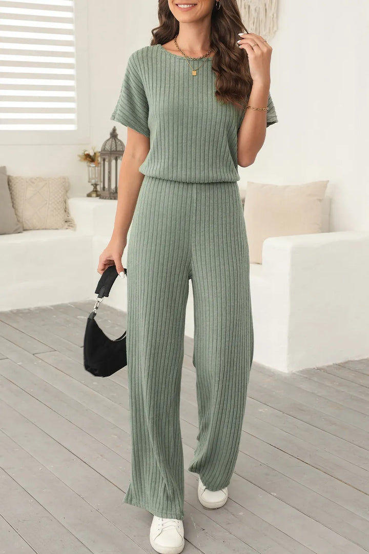 Dusty Blue Ribbed Short Sleeve Wide Leg Jumpsuit