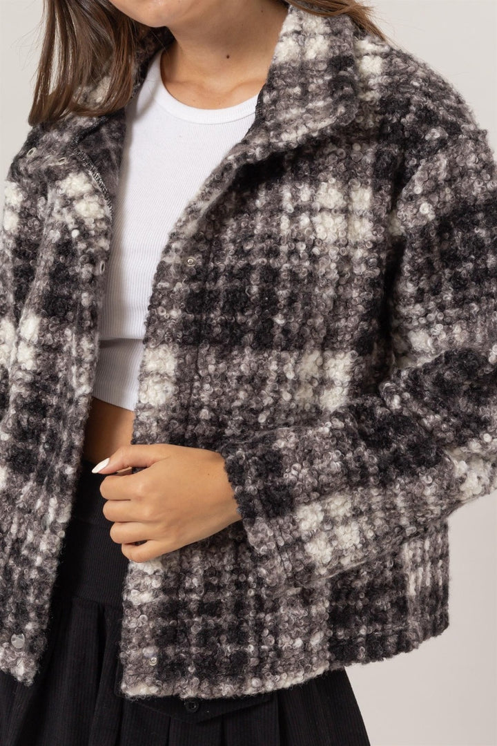 Hyfve Plaid Collared Neck Boucle Jacket With Pockets 1