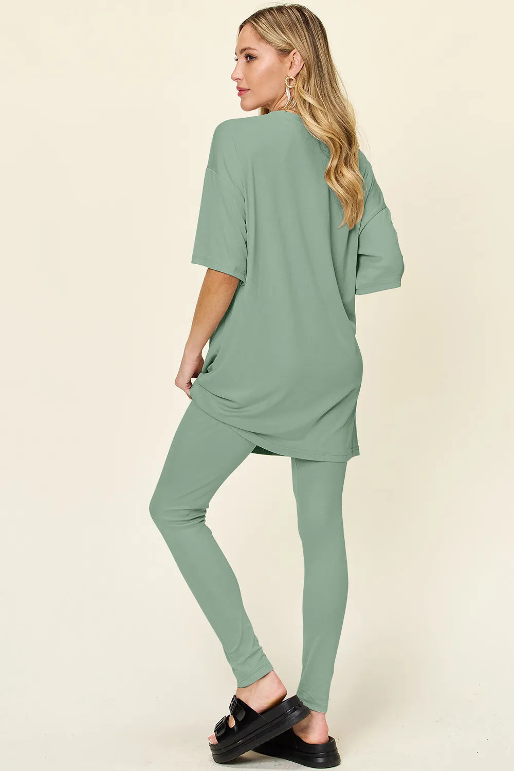 Mocha Double Take Full Size Round Neck Dropped Shoulder T Shirt And Leggings Set