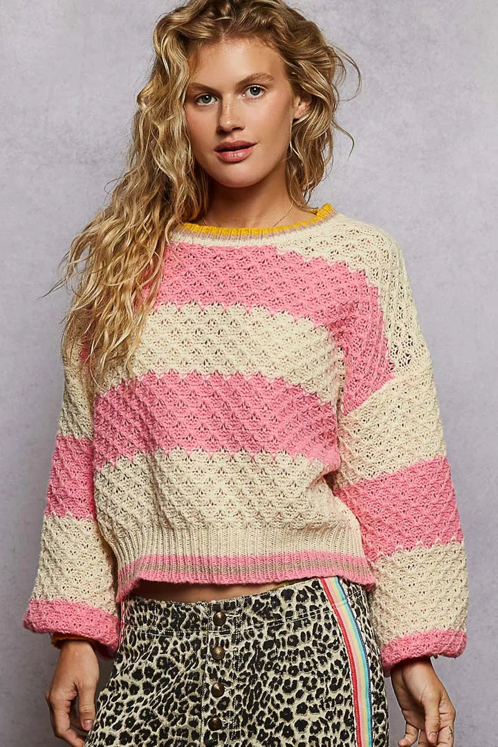 Pink Stripe Pol Contrast Striped Round Neck Sweater With Textured Cable Knit Pattern
