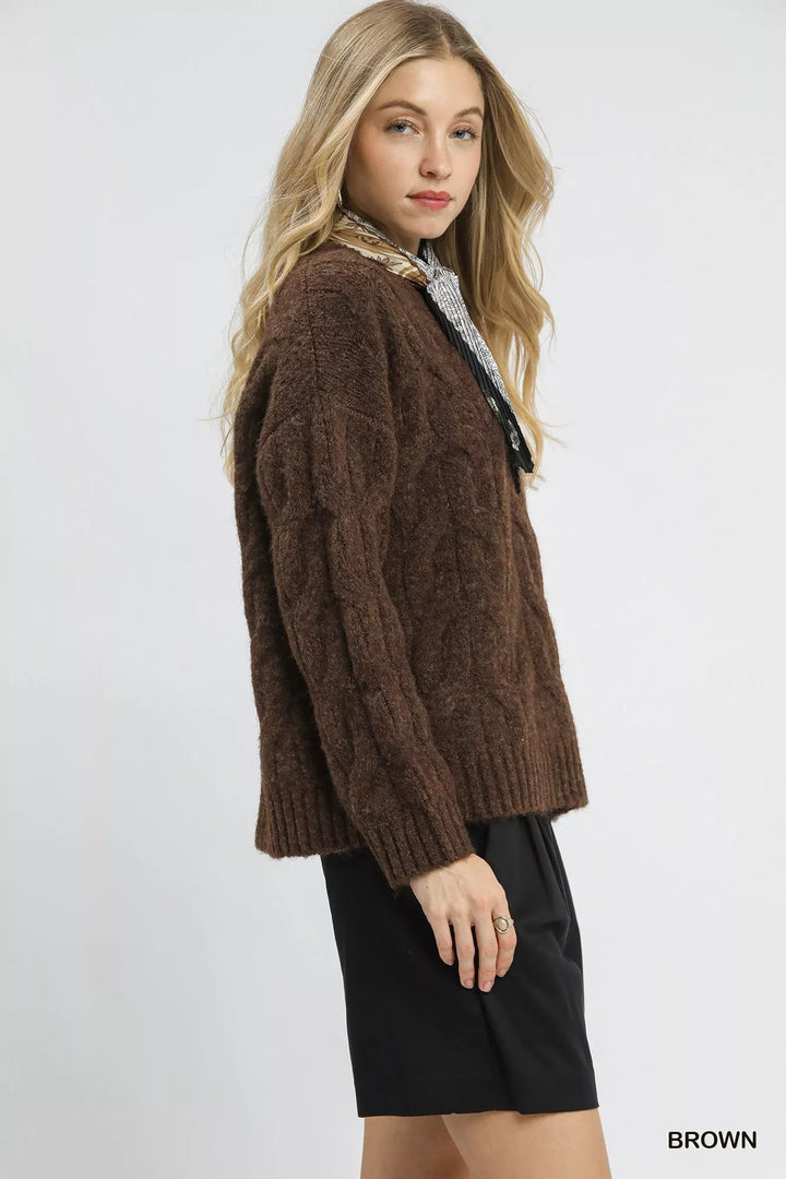 Brown Umgee Cable Knit Cozy Sweater