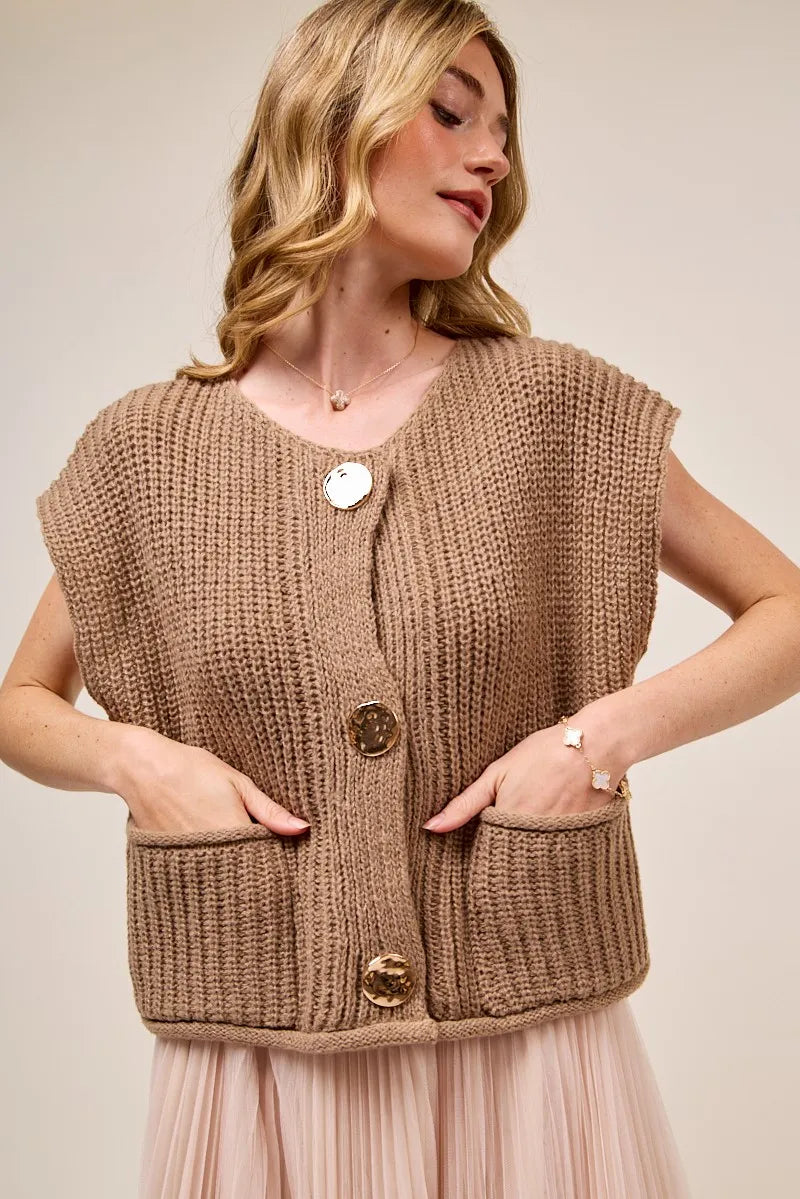 Coffee So Me Big Metal Button Front Sweater Vest